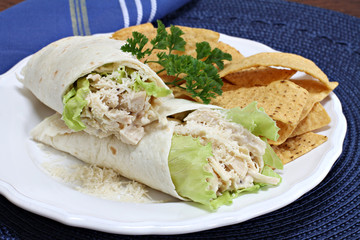 Chicken Caesar Wrap sandwich with tortilla chips