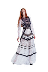 Beautiful red hair women model in lace black and white dress