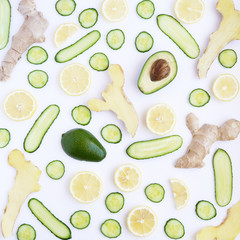 Pattern of fresh cut vegetables and fruits. Abstract food background.