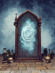 Magiczne lustro z czaszkami i butelkami na mikstury © Obsidian Fantasy