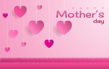 happy Mother's day,text and heart shape float on sky, Paper art style.