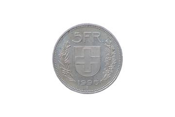 Swiss Confederation money coin 5 Francs isolated on white background, 1996 year.