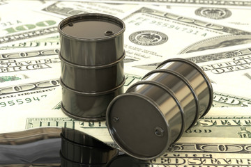 3d illustration: Black barrels of oil lie on the background of dollar money. Petroleum business, black gold, gasoline production, puddle. Purchase sale, auction, stock exchange.