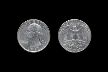 Twenty five American cents (Quarter Dollar) isolated on white background, front and back