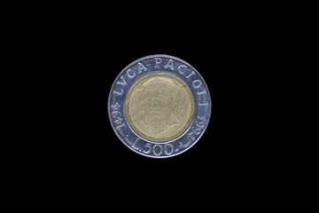 Italian Lira coin bearing the portrait of Luca Pacioli (1447-1517), released by Italy in 1994 on...