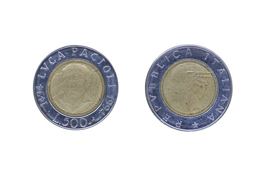 Italian Lira coin bearing the portrait of Luca Pacioli (1447-1517), released by Italy in 1994 on the 500th anniversary of his treatise Summa de arithmetica (i.e. On arithmetics)