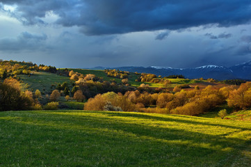 Spring forest and meadows landscape in Slovakia. Coming storm panorama. Blooming cherry trees. Sunlit country.