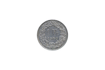 Swiss Confederation money coin 1 Francs isolated on white background, 1968 year.