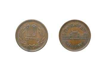 Old Japanese 10 Yen Coin of 1953 isolated on white background.