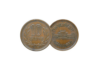 Old Japanese 10 Yen Coin of 1953 isolated on white background.