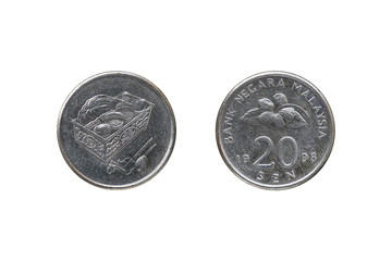 20 Malaysia sen year 1998 isolated on white background. © zilvergolf