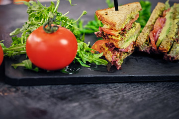 Vegetarian sandwich with salad and tomatoes.