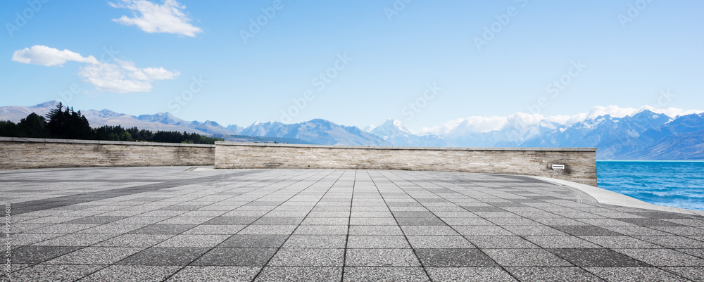 Sticker empty floor with blue sea in blue sky