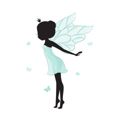 Silhouette of beautiful fairy. She is ballerina and dancing with batterfly. She is in a blue gentle, air dress.  © Svetlana Ivanova