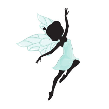 Silhouette of beautiful fairy. She is flying. She is in a blue gentle, air dress.