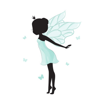 Silhouette of beautiful fairy. She is ballerina and dancing with batterfly. She is in a blue gentle, air dress. 