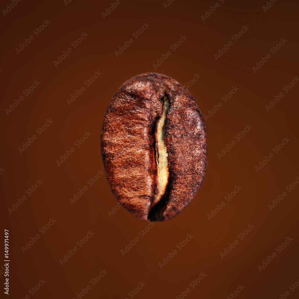 Poster falling coffee bean macro on brown blur background. high resolution image