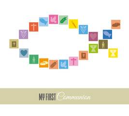 First communion card. Religious icons forming a fish