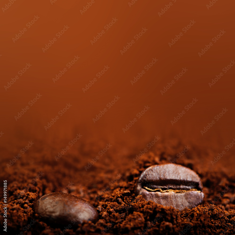 Poster macro roasted coffee beans textured wallpaper for your design with copy space.