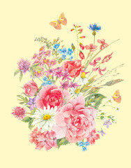 Watercolor bouquets of wildflowers and roses