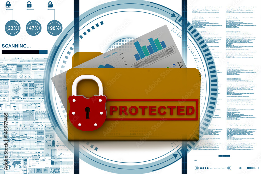 Poster yellow folder and lock. data security concept. 3d rendering