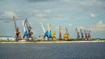 Views of the cranes in the port city of Labytnangi on the river Ob