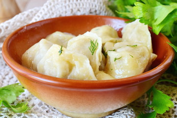 Traditional russian pelmeni with minced meat and onions filling in a brown ceramic bowl