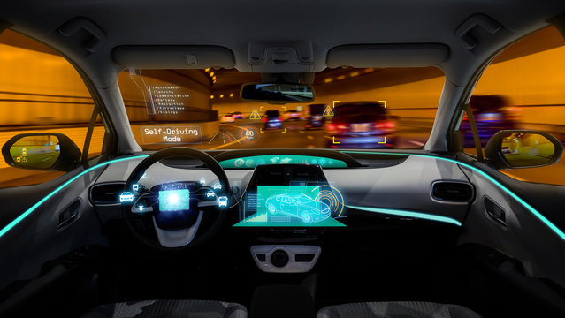 Empty Cockpit Of Vehicle Night View, HUD(Head Up Display) And Digital Speedometer, Autonomous Car