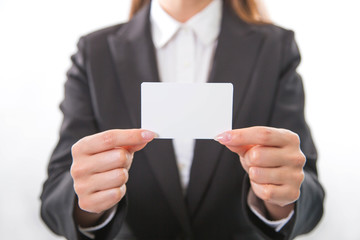 Business woman holding white business card