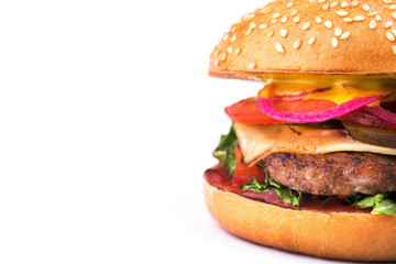 tasty hamburger with cutlet, tomato and cheese
