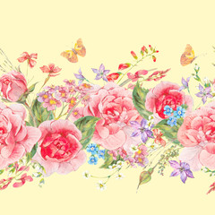 Watercolor seamless border with garden roses