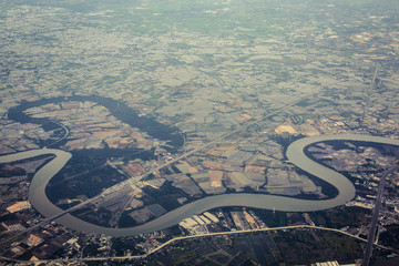 Aerial view of river and farm land