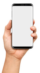 Hand holding Black Smartphone with blank screen on white background