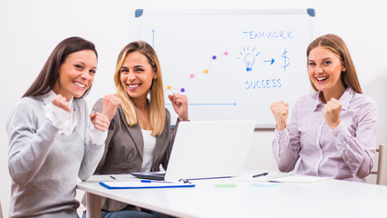 Fototapeta premium Three businesswomen are having meeting in their office.