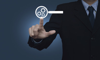 Businessman pressing bus flat icon over gradient light blue background, Business transportation service concept