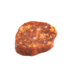 Single slice of a chili sausage isolated