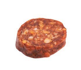 Single slice of a chili sausage isolated