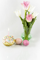 bouquet of tulips, easter Easter cake and Easter eggs