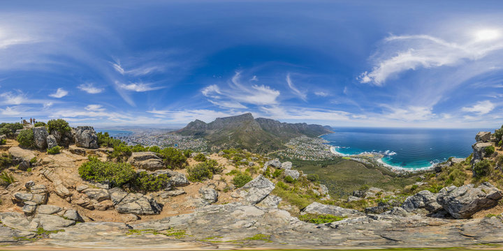 Fototapeta Full 360 virtual reality panoramic of Lions Head and Table Mountain peaks in Cape Town, South Africa