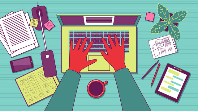 Man typing on laptop. Workplace top view. Clipping mask used.