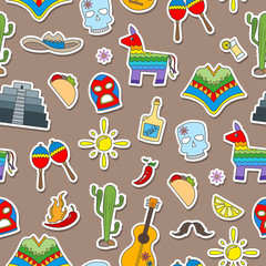 Seamless pattern on the theme of recreation in the country of Mexico, colorful stickers icons on brown background