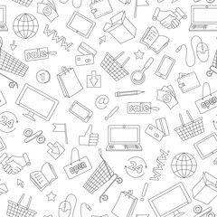 Seamless pattern on the theme of online shopping and Internet shops, dark contour icons on white background