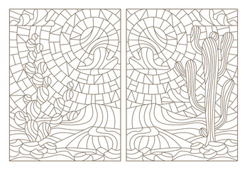 Obraz premium Set contour illustrations of stained glass with desert landscapes , cactus in a landscape of dunes and sky