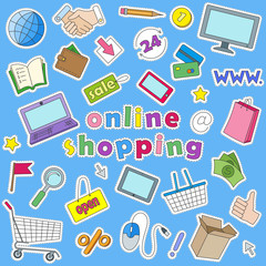 Icons set of patches on the subject  of online shopping and Internet shops