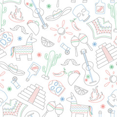 Seamless pattern on the theme of recreation in the country of Mexico, contour icons are drawn with colored markers on white background