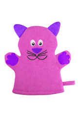 Purple bath hand glove shaped like a cat with mauve ears and paws, isolated on white background, clipping path included
