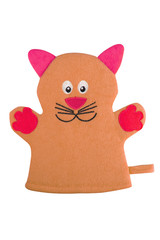 Orange bath hand glove shaped like a cat with red ears and paws, isolated on white background, clipping path included
