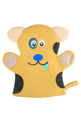 Orange bath hand glove shaped like a funny dog, isolated on white background, clipping path included