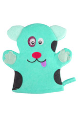 Turquoise bath hand glove shaped like a funny dog, isolated on white background, clipping path included