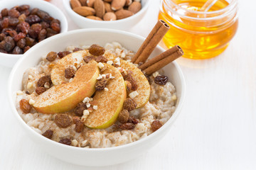 oatmeal with fresh apples, raisins, cinnamon and ingredients on white wooden background, close-up